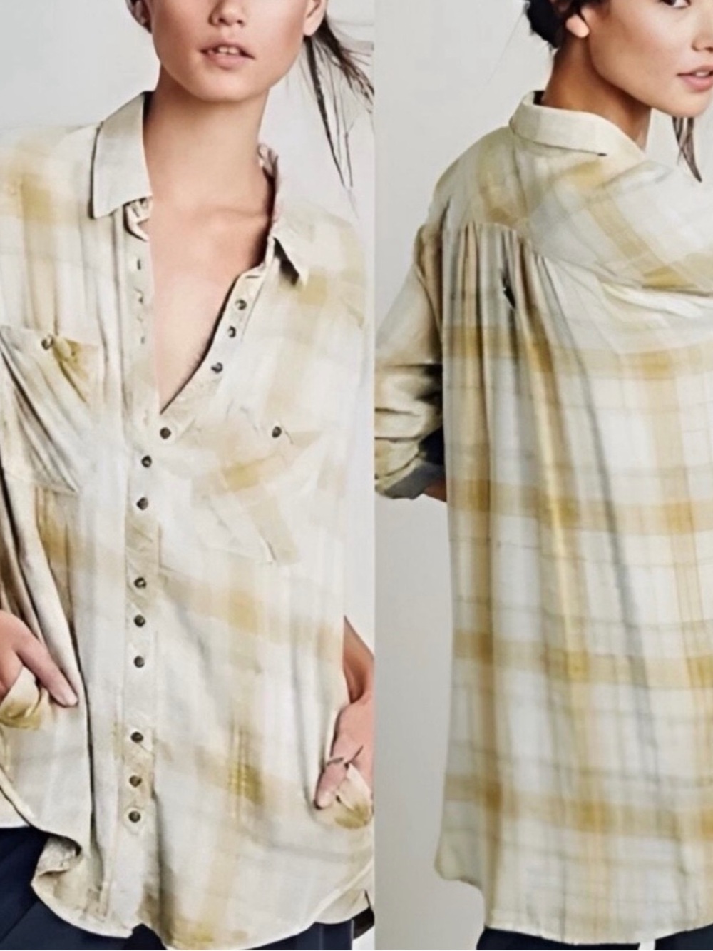#871 FREE PEOPLE Mustard Yellow Plaid Button-Down SUPER SOFT w POCKETS!